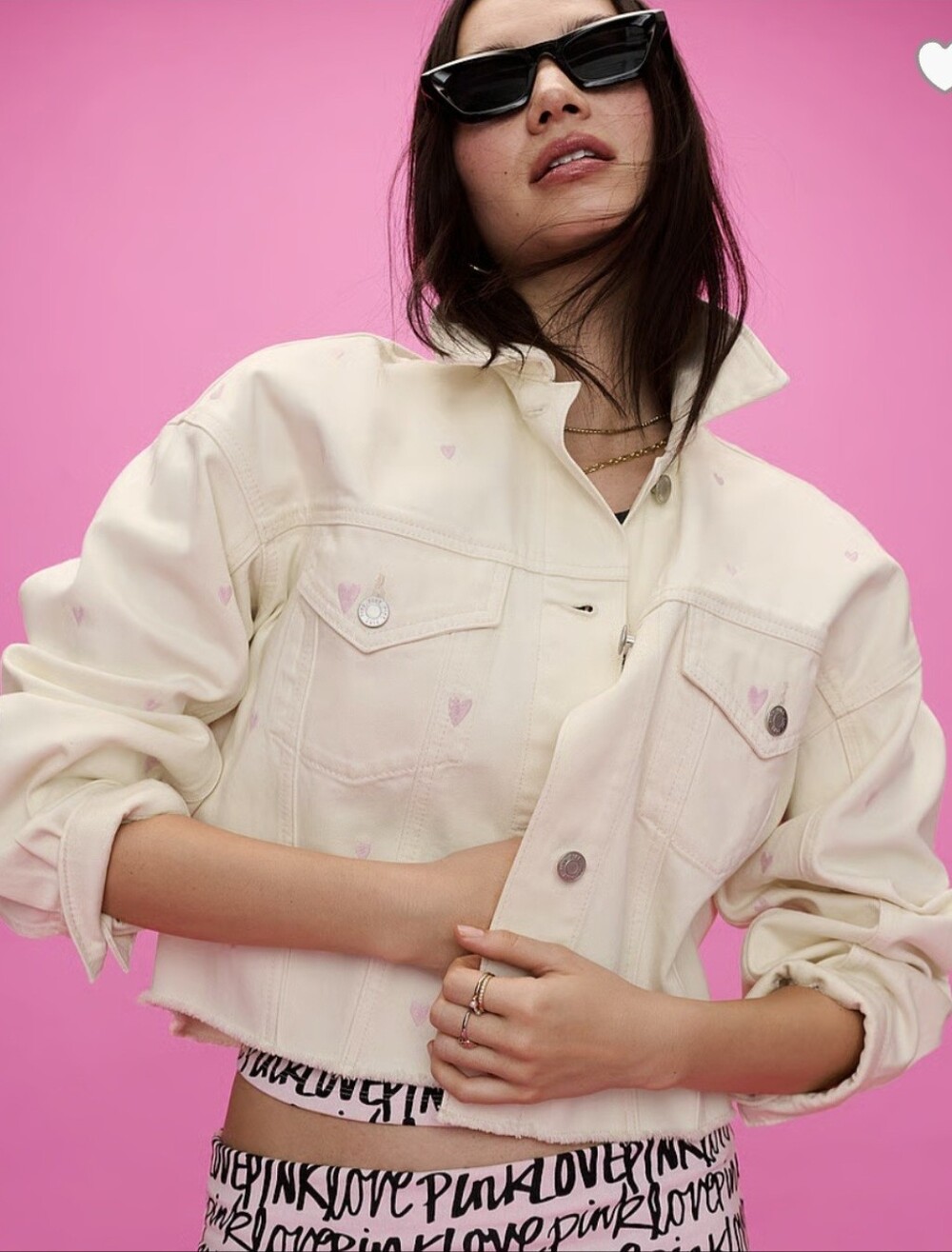 PINK Victoria's Secret Cream Cropped Denim Jacket with Pink Heart Accents